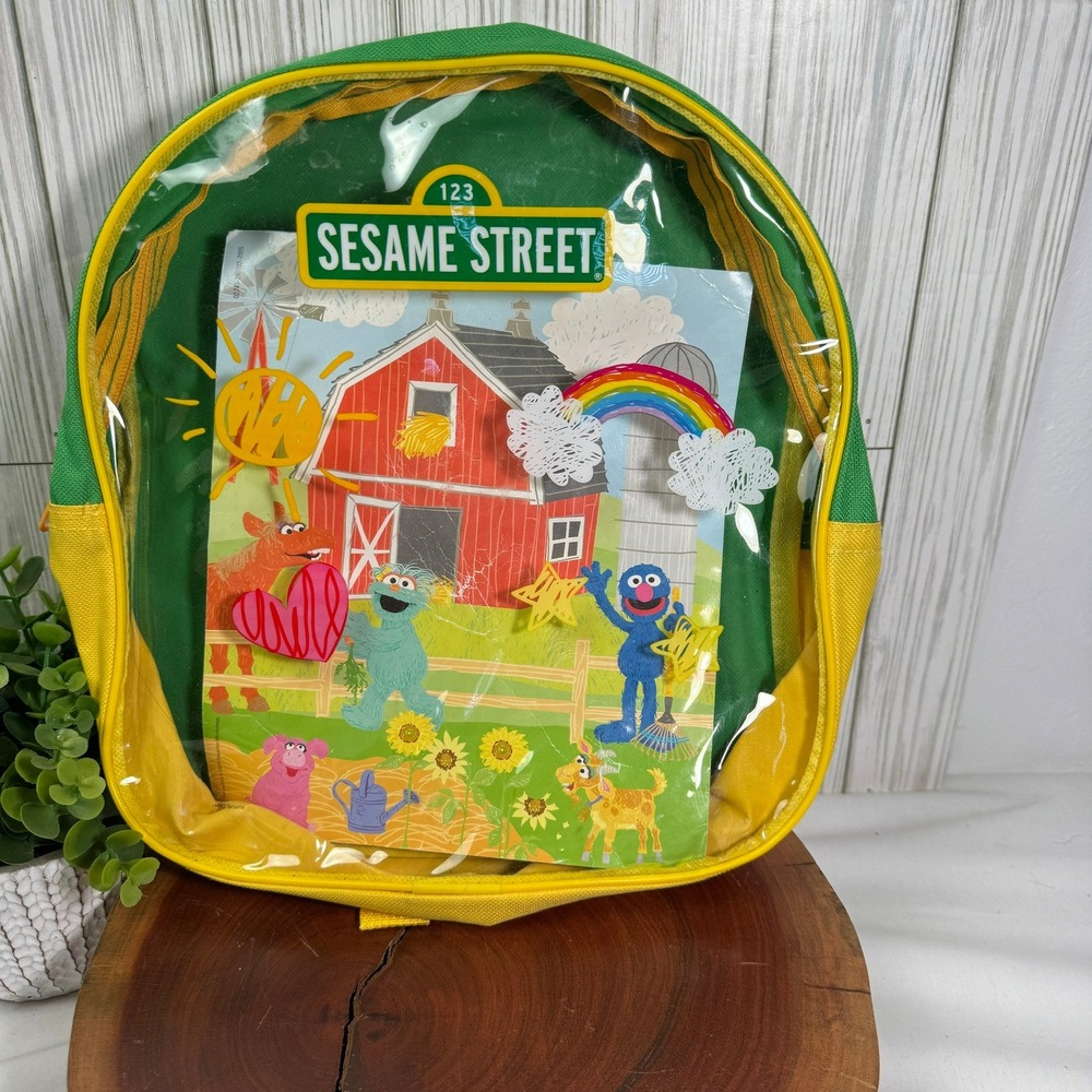 Sesame Street Kids Grover Rosita Farm Scene Clear Front Backpack Green Yellow